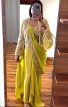 DESIGNER CHINON EMBROIDERY CODING WORK READY TO WEAR SAREE STITCHED BLOUSE WITH JACKET  YELLOW