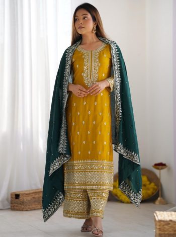 DESIGNER CHINON EMBROIDERY SEQUENCE WORK TOP PALAZZO WITH DUPATTA  YELLOW