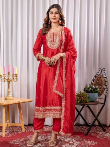 DESIGNER CHINON EMBROIDERY THREAD SEQUENCE MOTI LACE WORK TOP BOTTOM WITH DUPATTA RED