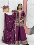 DESIGNER CHINON EMBROIDERY THREAD SEQUENCE WORK TOP PALAZZO WITH DUPATTA WINE