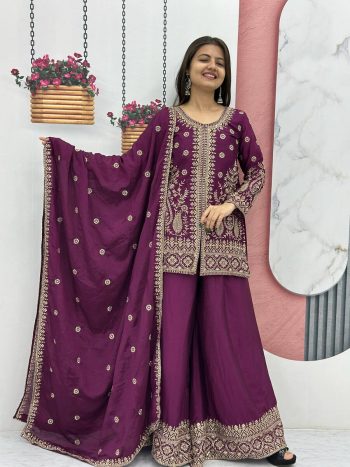 DESIGNER CHINON EMBROIDERY THREAD SEQUENCE WORK TOP PALAZZO WITH DUPATTA WINE