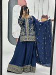 DESIGNER CHINON EMBROIDERY THREAD SEQUENCE WORK TOP PALAZZO WITH DUPATTA BLUE