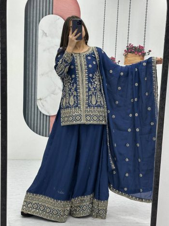 DESIGNER CHINON EMBROIDERY THREAD SEQUENCE WORK TOP PALAZZO WITH DUPATTA BLUE