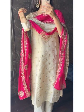 DESIGNER CHINON EMBROIDERY CODING WORK TOP BOTTOM WITH DUPATTA WHITE