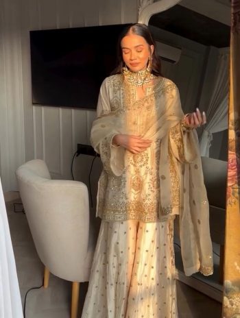 DESIGNER CHINON SEQUANCE EMBROIDERY WORK TOP PALAZZO WITH DUPATTA OFF WHITE