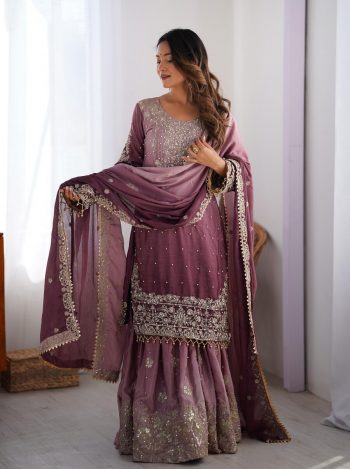 DESIGNER CHINON SILK CODING EMBROIDERY MOTI WORK TOP SHARARA WITH DUPATTA  WINE