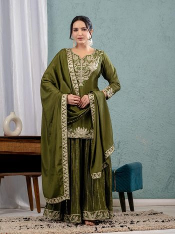 DESIGNER CHINON SILK EMBROIDERY CODING SEQUENCE WORK TOP PALAZZO WITH DUPATTA  GREEN