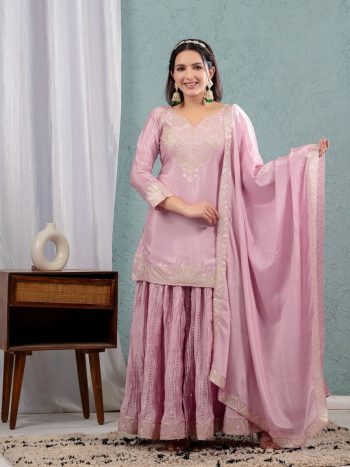 DESIGNER CHINON SILK EMBROIDERY CODING SEQUENCE WORK TOP PALAZZO WITH DUPATTA  BABY PINK