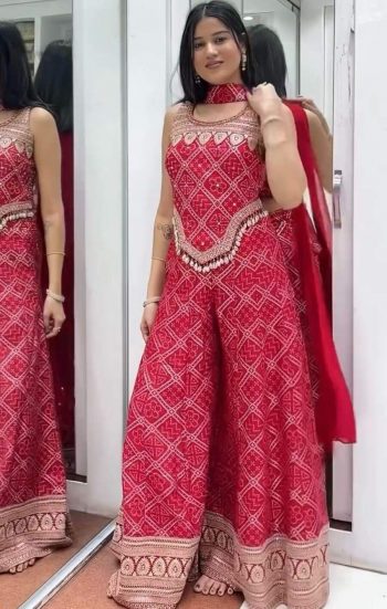 DESIGNER CHINON SILK EMBROIDERY SEQUENCE BANDHEJ PRINT WITH LACE WORK TOP PALAZZO WITH DUPATTA RANI