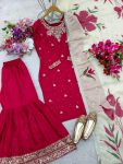 DESIGNER CHINON SILK EMBROIDERY SEQUENCE WITH MOTI WORK TOP SHARARA WITH DUPATTA  RED