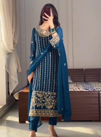 DESIGNER CHINON SILK EMBROIDERY SEQUENCE WITH RIVET MOTI WORK TOP BOTTOM WITH DUPATTA TEAL