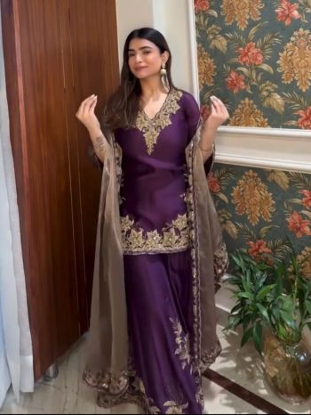 DESIGNER CHINON SILK EMBROIDERY SEQUENCE WORK TOP PALAZZO WITH DUPATTA  WINE