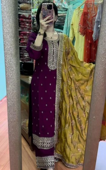 DESIGNER CHINON SILK EMBROIDERY SEQUENCE WORK  TOP PALAZZO WITH DUPATTA WINE