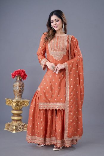 DESIGNER CHINON SILK EMBROIDERY SEQUENCE WORK TOP SHARARA WITH DUPATTA ORANGE