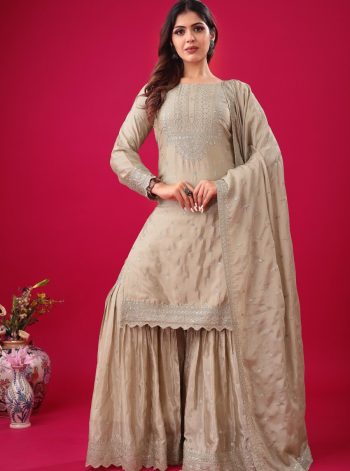 DESIGNER CHINON SILK EMBROIDERY SEQUENCE WORK TOP SHARARA WITH DUPATTA CREAM