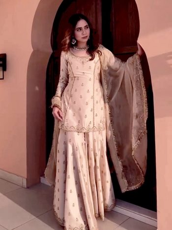 DESIGNER CHINON SILK EMBROIDERY SEQUENCE WORK TOP SHARARA WITH DUPATTA  CREAM