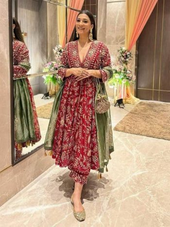 DESIGNER CHINON SILK SEQUENCE EMBROIDERY WORK  GOWN BOTTOM WITH DUPATTA  RED