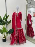 DESIGNER CHINON SILK THREAD  WITH SEQUENCE WORK TOP PALAZZO WITH DUPATTA  RED