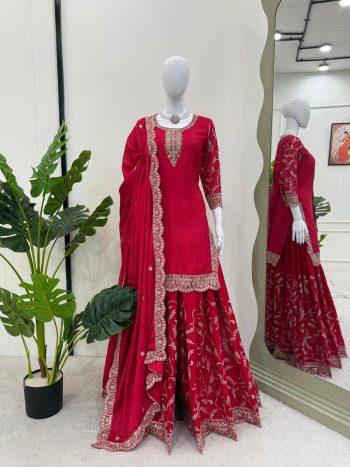 DESIGNER CHINON SILK THREAD  WITH SEQUENCE WORK TOP PALAZZO WITH DUPATTA  RED