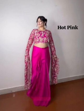 DESIGNER CHINON THREAD, EMBROIDERY ZARI AND  SEQUENCE WORK CROP TOP WITH DRAPE SKIRT RANI