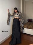 DESIGNER CHINON THREAD, EMBROIDERY ZARI AND  SEQUENCE WORK CROP TOP WITH DRAPE SKIRT BLACK
