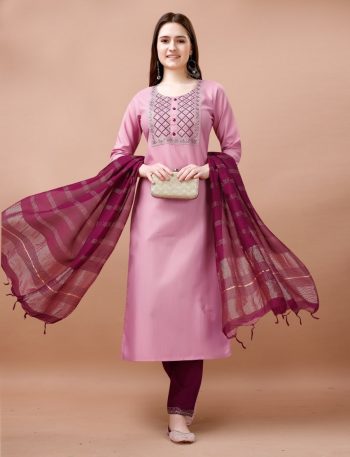 DESIGNER COTTON BLEND EMBROIDERY WORK TOP BOTTOM WITH DUPATTA PINK