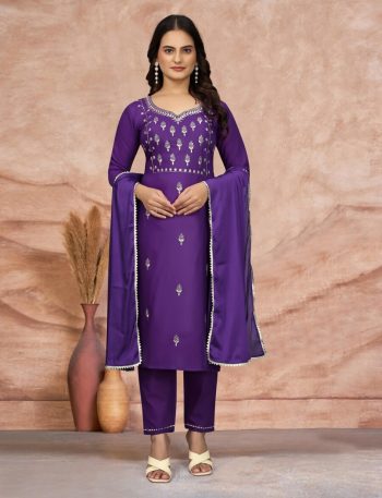 DESIGNER COTTON BLEND ZARI EMBROIDERY WORK TOP BOTTOM WITH DUPATTA PURPLE