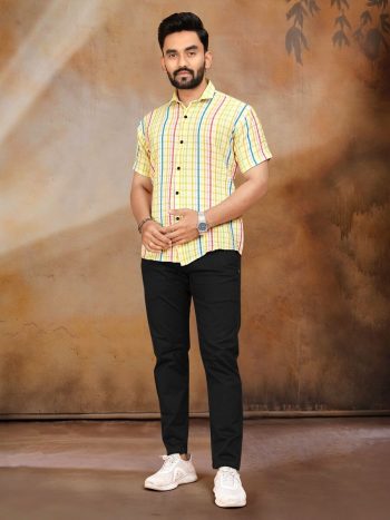 DESIGNER COTTON BUBBLE PRINTED WEAVING WORK MEN'S SHIRT YELLOW