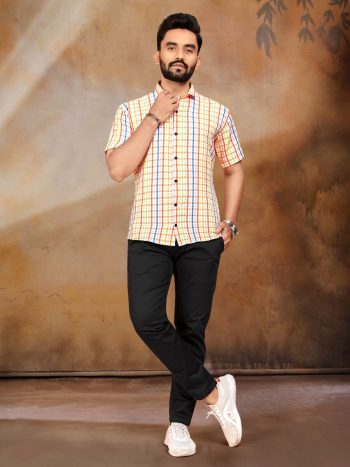 DESIGNER COTTON BUBBLE PRINTED WEAVING WORK MEN'S SHIRT CREAM