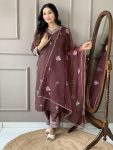 DESIGNER COTTON SLUB EMBROIDERY WORK TOP BOTTOM WITH NET DUPATTA BROWN