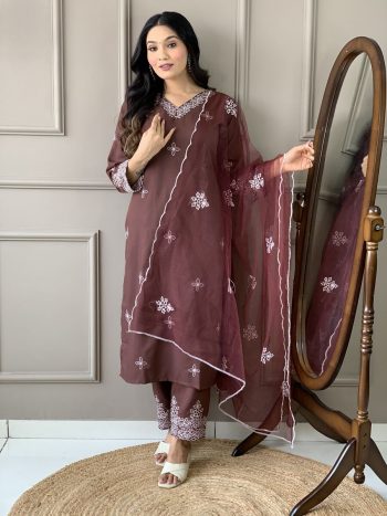 DESIGNER COTTON SLUB EMBROIDERY WORK TOP BOTTOM WITH NET DUPATTA BROWN
