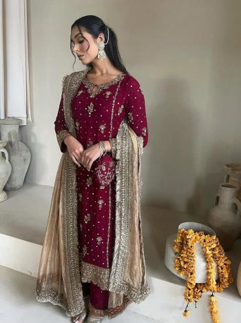 DESIGNER FAUX GEORGETTE EMBROIDERY SEQUENCE WORK TOP PALAZZO WITH DUPATTA  RED