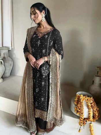 DESIGNER FAUX GEORGETTE EMBROIDERY SEQUENCE WORK TOP PALAZZO WITH DUPATTA BLACK