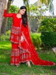 DESIGNER FAUX GEORGETTE EMBROIDERY SEQUENCE WORK TOP SHARARA WITH DUPATTA  RED