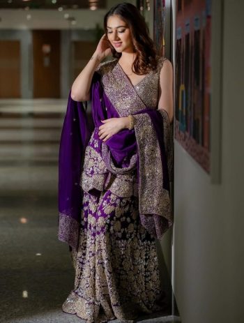 DESIGNER FAUX GEORGETTE THREAD  WITH SEQUENCE  WORK TOP SHARARA WITH DUPATTA  PURPLE