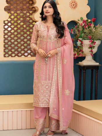 DESIGNER GEORGETTE EMBROIDERY CODING SEQUENCE WORK  TOP PALAZZO WITH DUPATTA BABY PINK