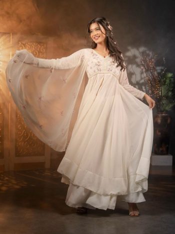 DESIGNER GEORGETTE EMBROIDERY SEQUENCE WORK GOWN BOTTOM WITH DUPATTA  WHITE