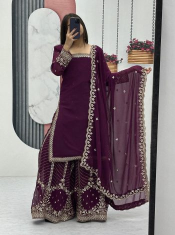 DESIGNER GEORGETTE EMBROIDERY SEQUENCE WORK TOP PALAZZO WITH DUPATTA  WINE