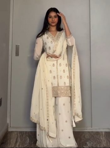 DESIGNER GEORGETTE EMBROIDERY SEQUENCE WORK TOP PALAZZO WITH DUPATTA WHITE