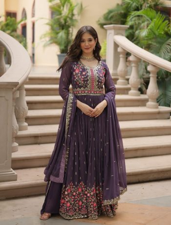 DESIGNER GEORGETTE EMBROIDERY SEQUENCE WORK TOP PALAZZO WITH DUPATTA  PURPLE