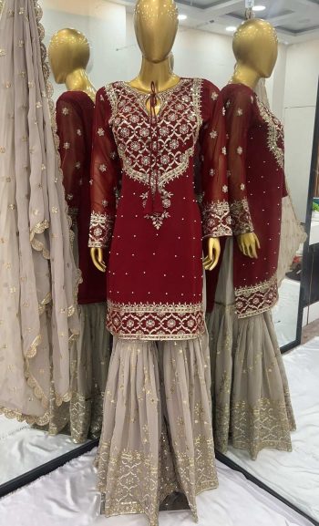 DESIGNER GEORGETTE EMBROIDERY SEQUENCE WORK  TOP SHARARA WITH DUPATTA  RED