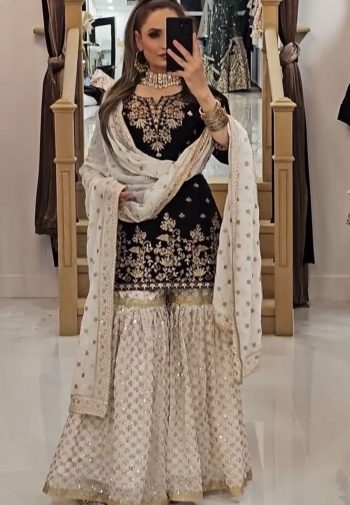 DESIGNER GEORGETTE EMBROIDERY SEQUENCE WORK  TOP SHARARA WITH DUPATTA BLACK