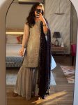 DESIGNER GEORGETTE EMBROIDERY SEQUENCE WORK WITH BEADS WORK TOP SHARARA WITH DUPATTA  GREY