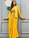 DESIGNER GEORGETTE EMBROIDERY WORK DHOTI STYLE DRAPE SKIRT BLOUSE WITH KOTI  YELLOW