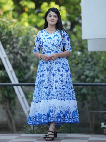 DESIGNER GEORGETTE FLORAL PRINTED FRILL PATTERN LONG ONE PIECE BLUE