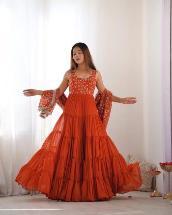 DESIGNER GEORGETTE LAYERED EMBROIDERY SEQUENCE WORK GOWN BOTTOM WITH DUPATTA ORANGE