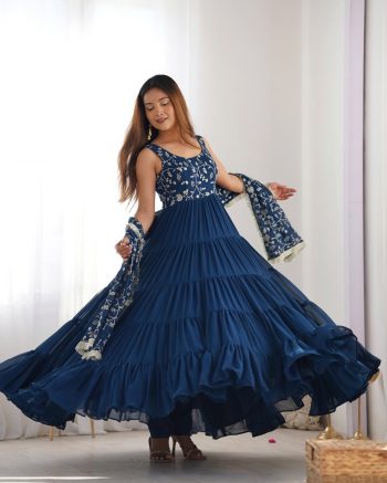 DESIGNER GEORGETTE LAYERED EMBROIDERY SEQUENCE WORK GOWN BOTTOM WITH DUPATTA NAVY BLUE