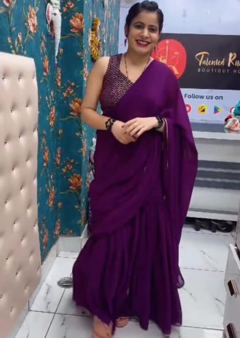 DESIGNER GEORGETTE PLAIN RUFFLE WORK  LEHENGA SAREE ATTACHED DUPATTA WITH SEQUENCE WORK STITCHED BLOUSE WINE
