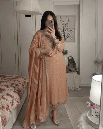 DESIGNER GEORGETTE SEQUENCE AND ZARI EMBROIDERY WORK TOP BOTTOM WITH DUPATTA  CREAM