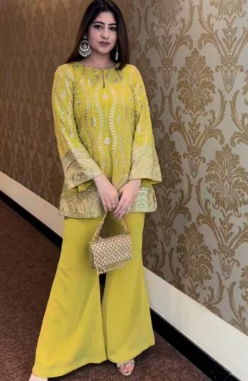 DESIGNER GEORGETTE SEQUENCE EMBROIDERY WORK TOP PALAZZO  PARROT GREEN